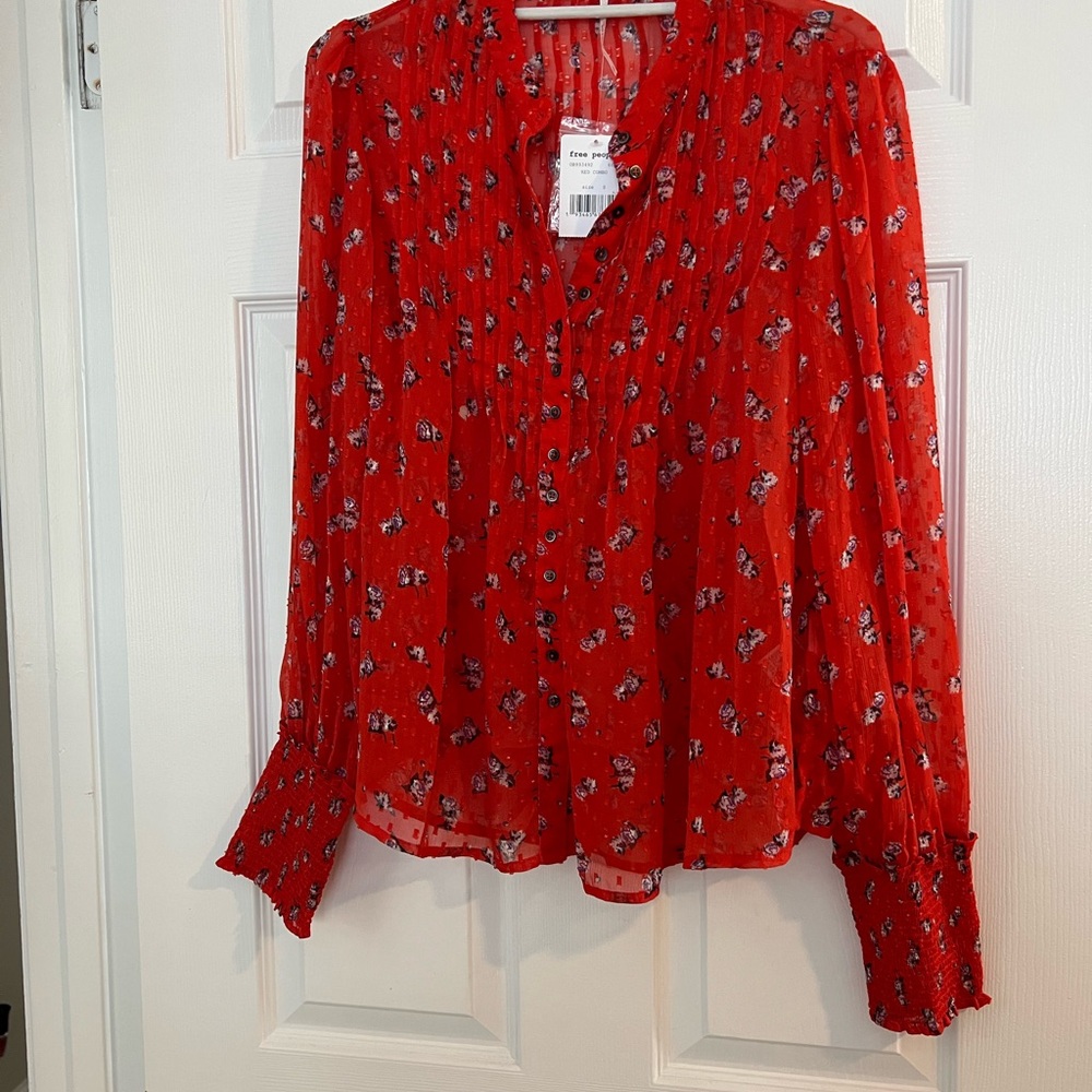 Free People Red Pintucked Puff Sleeve Long Sleeve Blouse. NWT